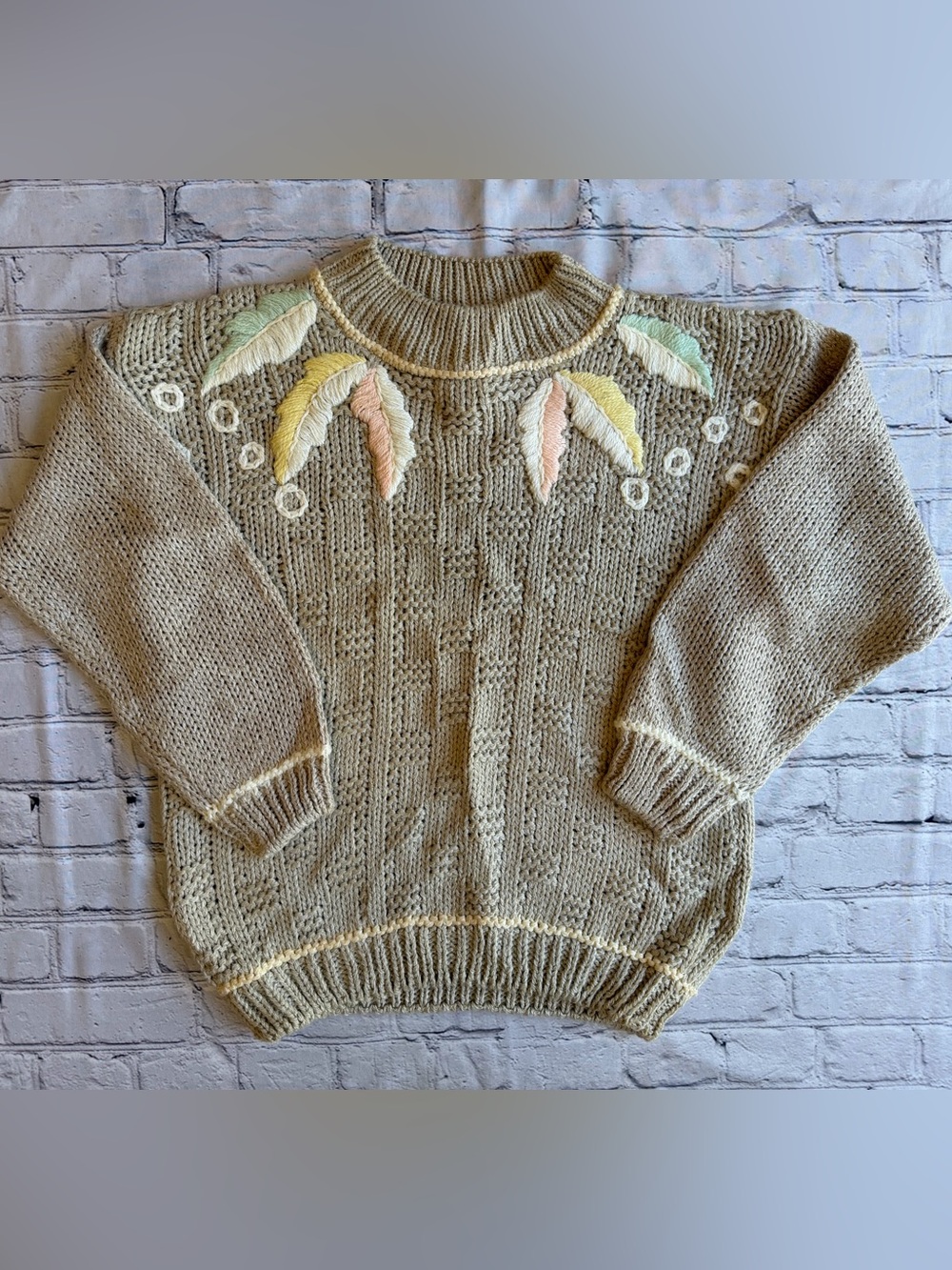 Vintage 90s Y2K Cottagecore 3-D Knit Crewneck Sweater  New NWT Floral Neutral